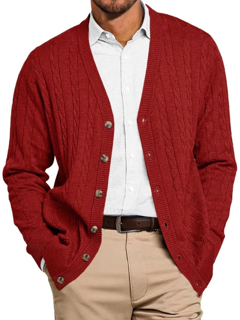 🆕Men's Dark Red Chunky Knit Cardigan Sweater V Neck Button Up With Pockets